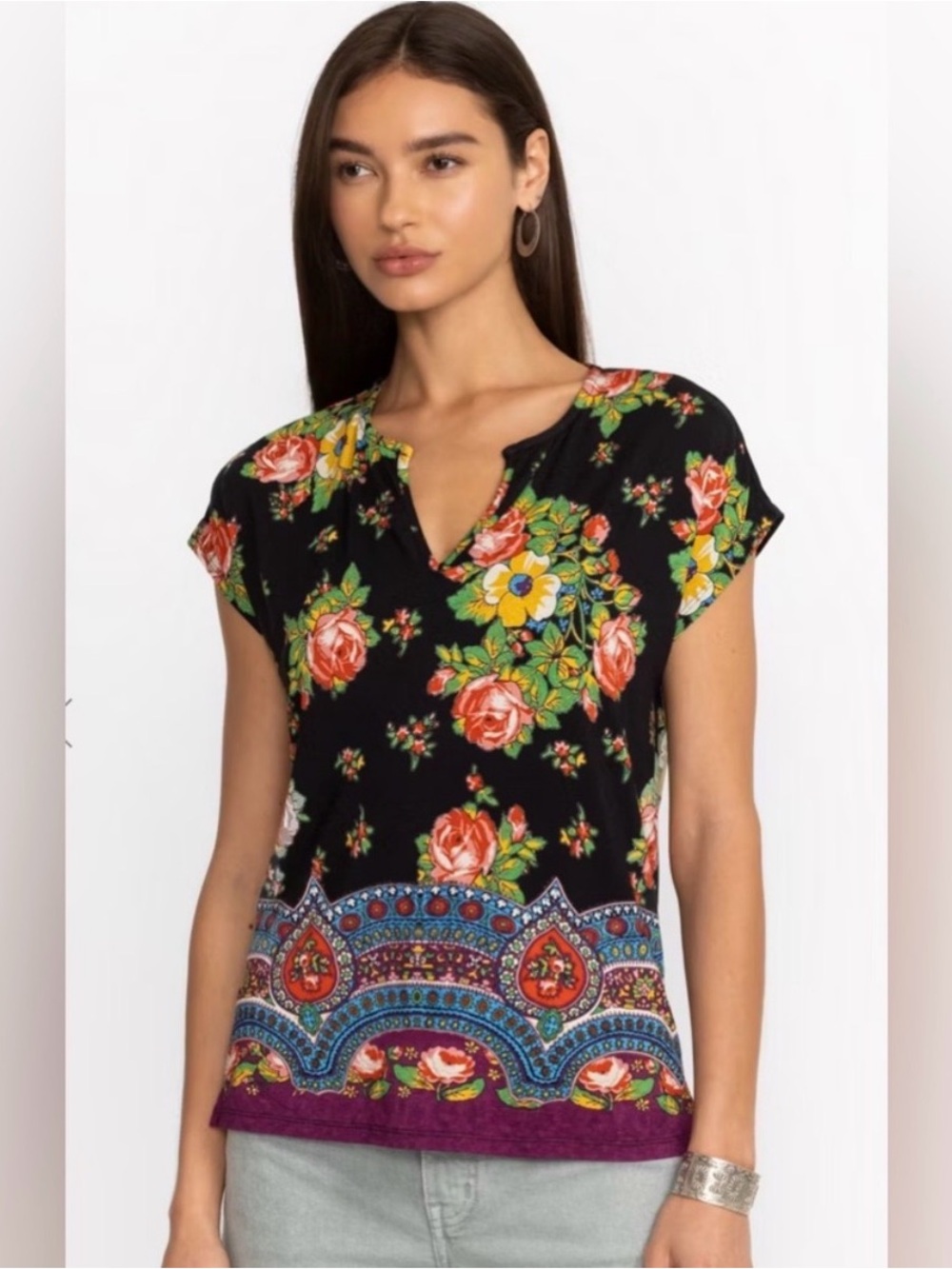 Johnny Was Janie Favorite Dolman V-Neck Floral Top Black Red XL T16124-3